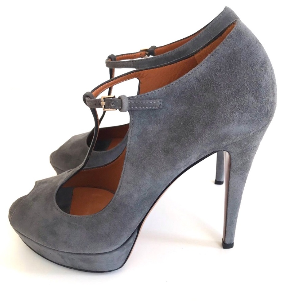 Gucci Betty Peep Toe T Strap High Heel Suede Platform Pumps Gray Sze IT 38.5 NIB - Picture 4 of 16